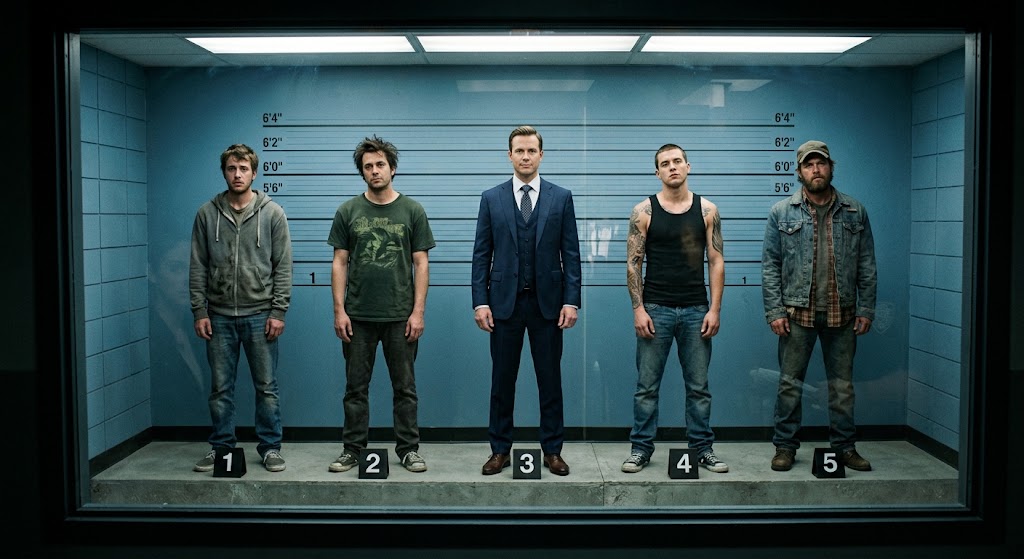 A police lineup with one person that looks more professional