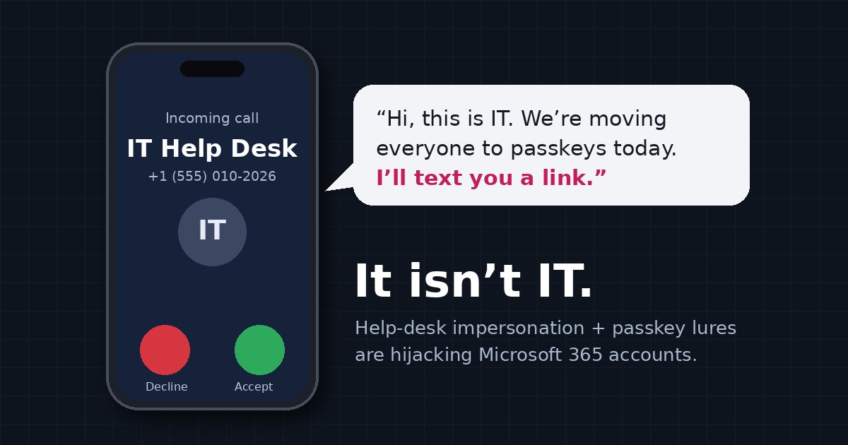 A phone showing an incoming call from 'IT Help Desk' asking the user to update their passkey